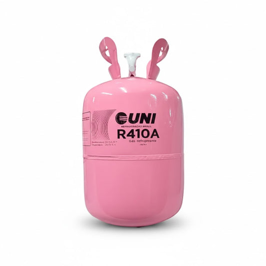 Cilindro de gas refrigerante R-410A original Uniweld de 11.3 kilogramos en envase color rosa para alta presión.