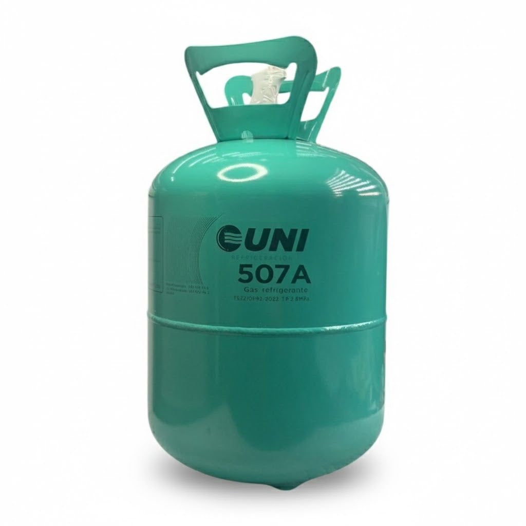 Cilindro de gas refrigerante R-507 original Uniweld de 11.3 kilogramos en envase color verde azulado para baja temperatura.