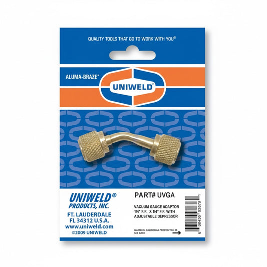 Adaptador profesional de latón en ángulo para vacuómetro digital Uniweld UNI-UVGA de 1/4 de pulgada.