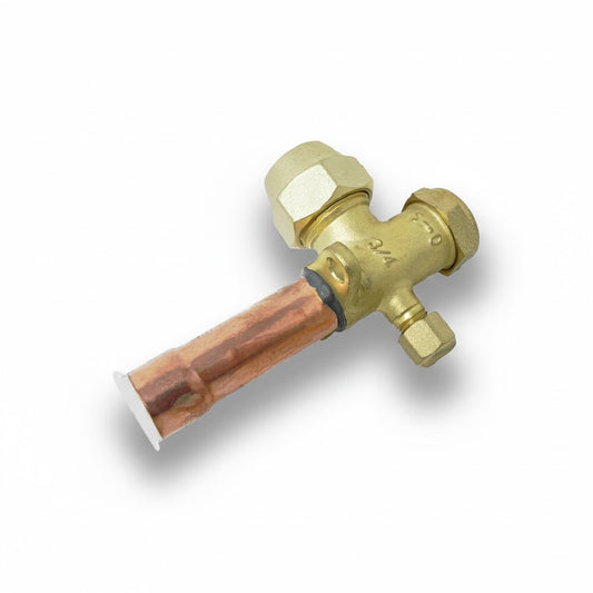 Válvula de servicio tipo recto de 1/4" x 3/4" con puerto de acceso y extensión de cobre para aire acondicionado marca ERO.