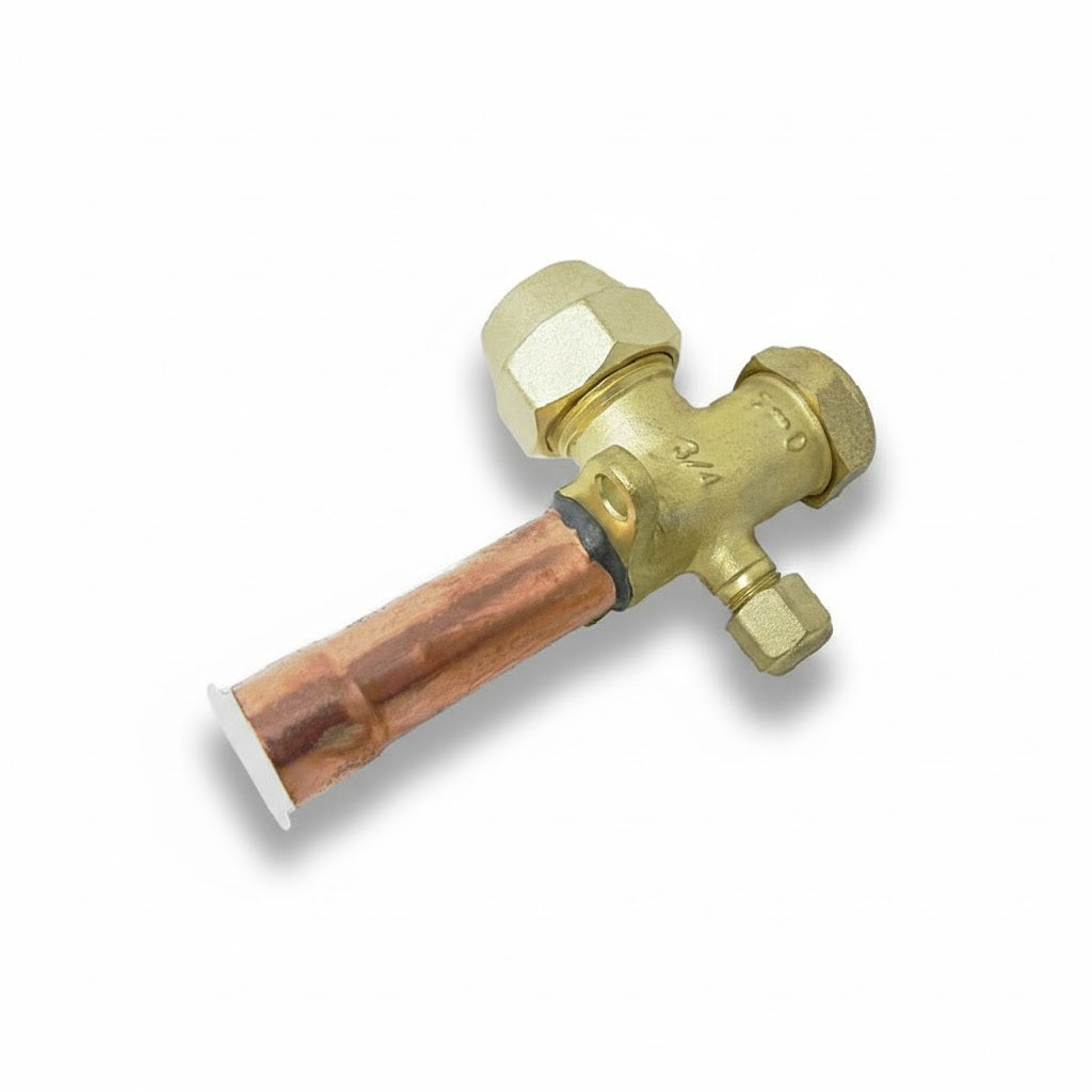 Válvula de servicio tipo recto de 5/8" x 1/4" con puerto de acceso y extensión de cobre para aire acondicionado marca ERO.